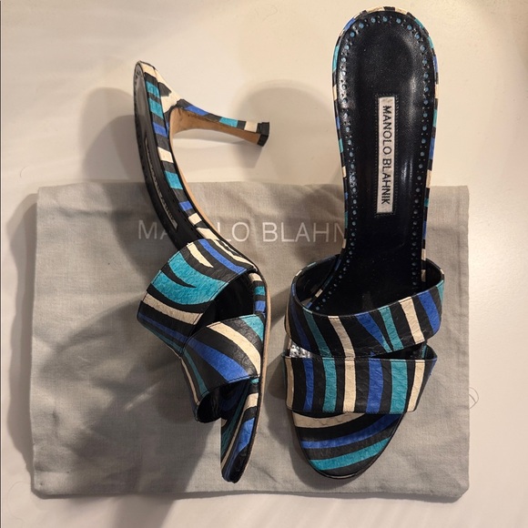 Manolo Blahnik Shoes - Manolo Blahnik Blue and Black Striped Heels